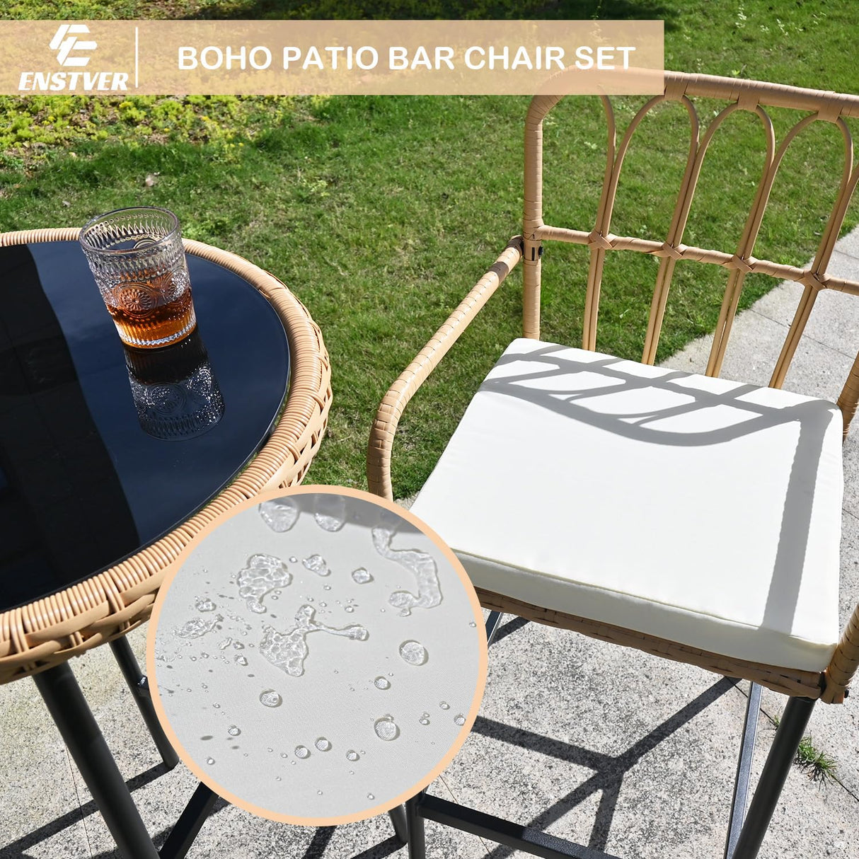 ENSTVER 3-Piece Patio Rattan Bar Set,Outdoor High Top Table and Chairs Set with Cushions&1 Tempered Glass Bar Table,Patio Bistro Dining Bar Set for Backyard, Garden, Balcony