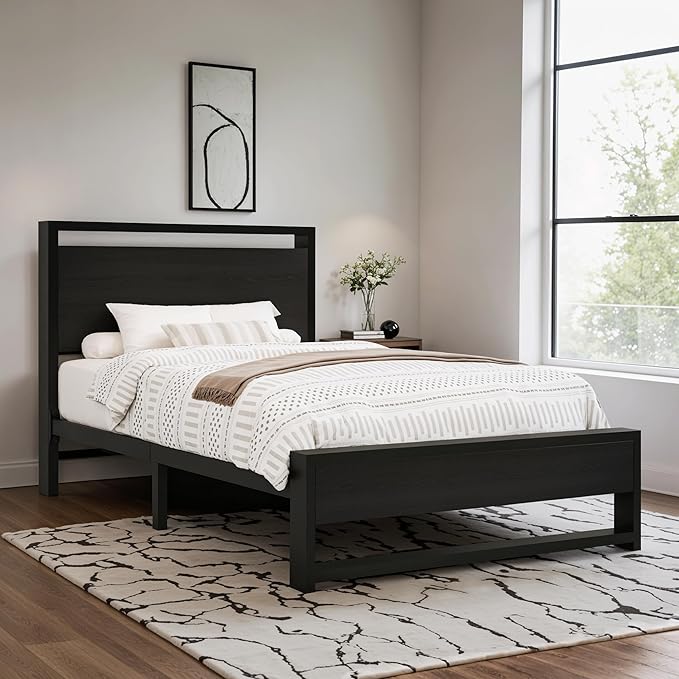 Sturdy Metal and Wooden Bed Frame with Headboard and Footboard