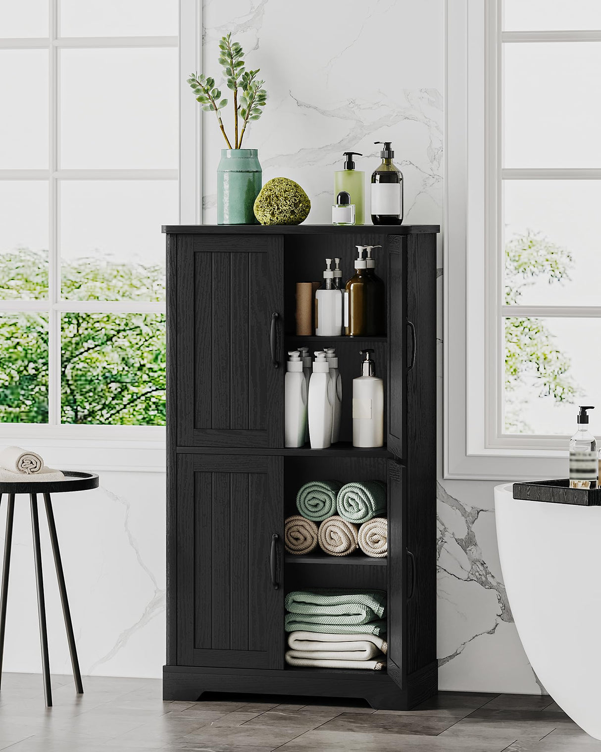 Bathroom Floor Storage Cabinet, Freestanding Cabinet with 4 Door, 2 Adjustable Shelves,