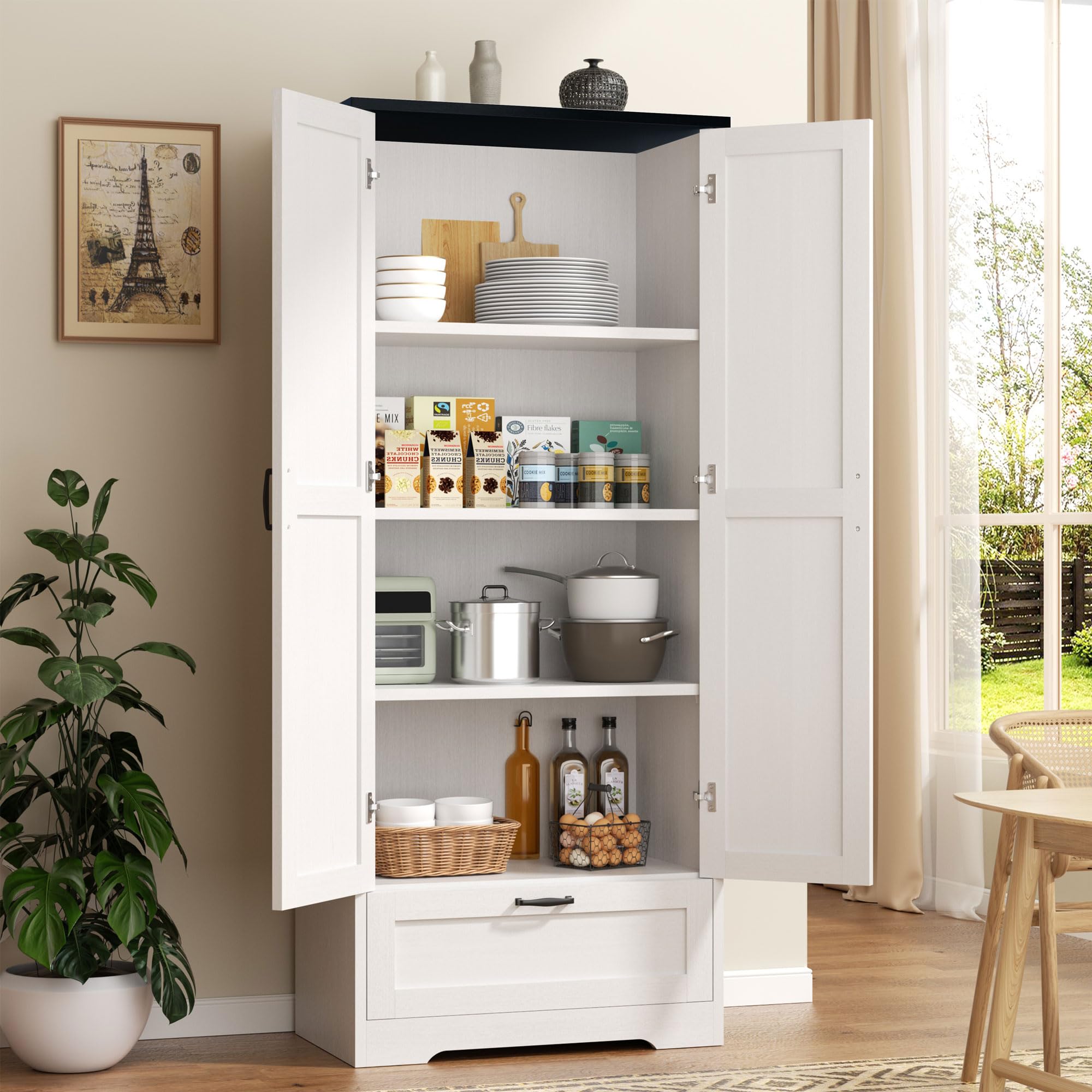 Kitchen Pantry Storage Cabinet with Barn Doors, Drawer and Adjustable Shelves, 4-Tier