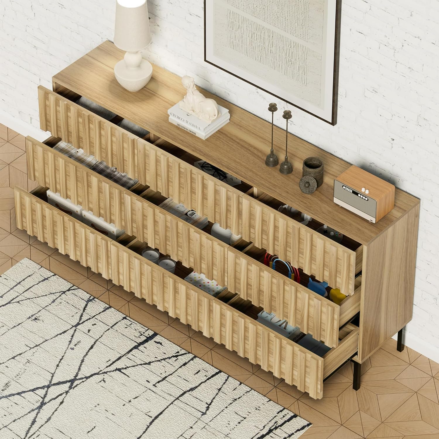 Mid Century Modern Dresser,Natural Wood Dresser for Bedroom,Fluted 9 Drawer Dresser