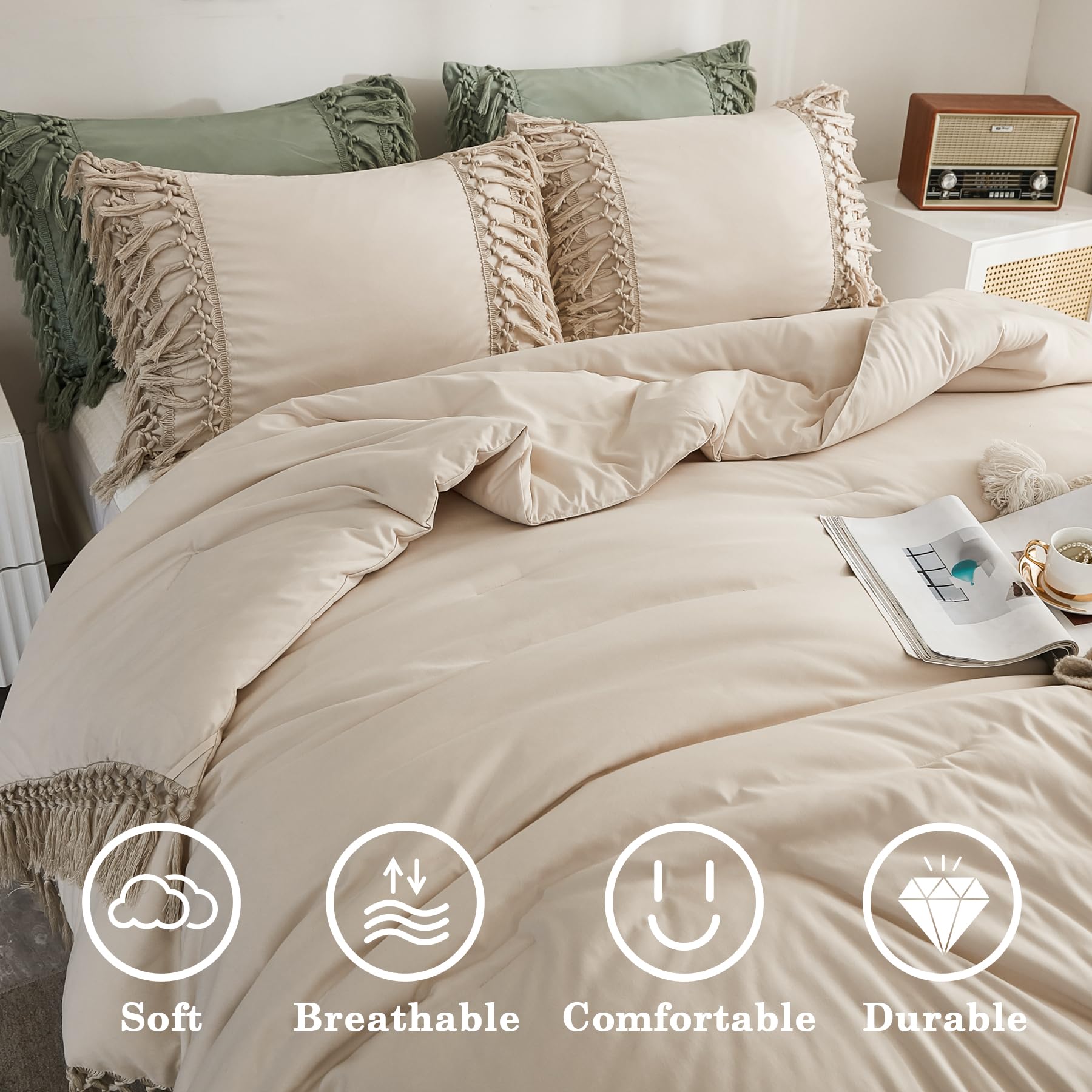 Andency King Size Comforter Set Beige, 3 Pieces Boho Tassel Lightweight Soft Bedding Comforter Sets for King Bed, All Season Fluffy Bed Set (104x90In Comforter & 2 Pillowcases)