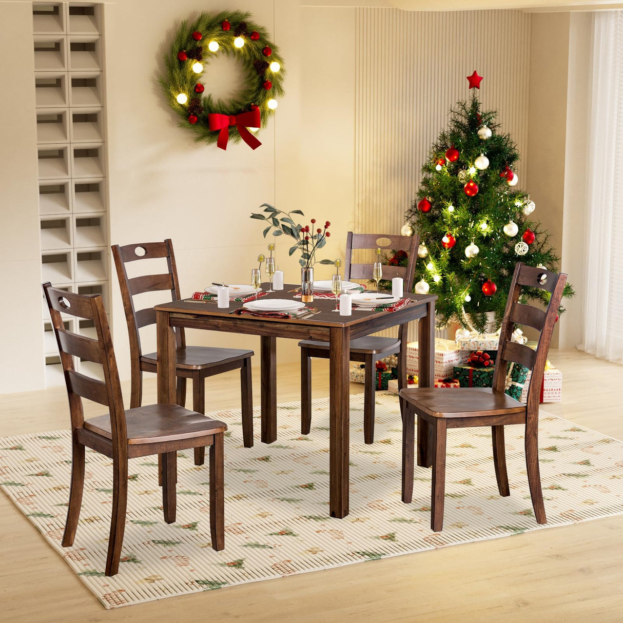 5-Piece Dining Table Set, Solid Rubber Wood Dining Room Table Set for 4, Modern Table