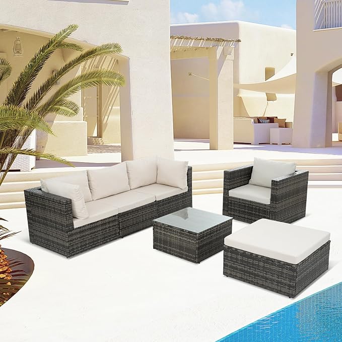 7 Piece Patio Furniture Set, All Weather Outdoor Rattan Wicker