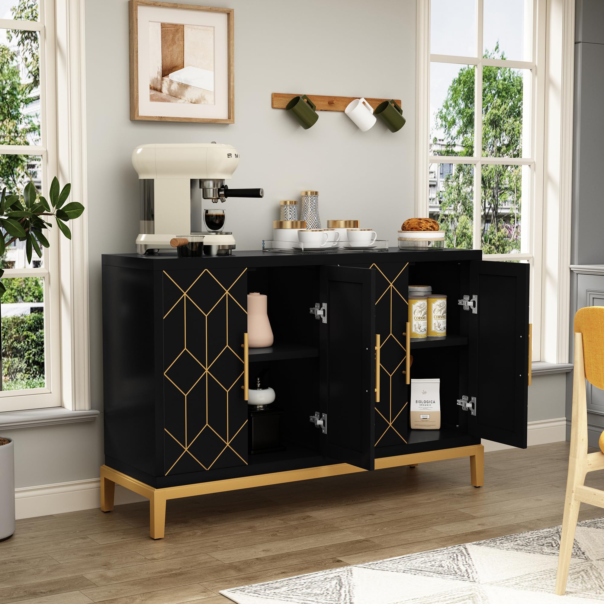 Sideboard Buffet Cabinet with 4 Doors&Shelves, Carved Decorative Accent Storage
