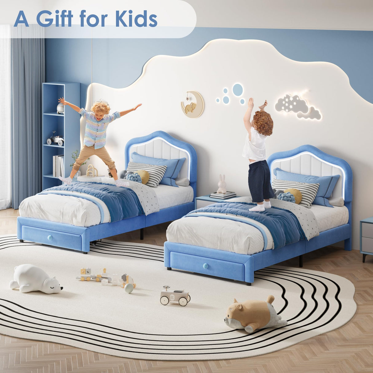 GAOMON Upholstered Twin-XL Size Bed Frame with Smart Led Headboard, Velvet Platform Bed Frame with Storage Drawer for Kids, Wooden Slats Support, No Box Spring Needed, Easy Assembly, Blue