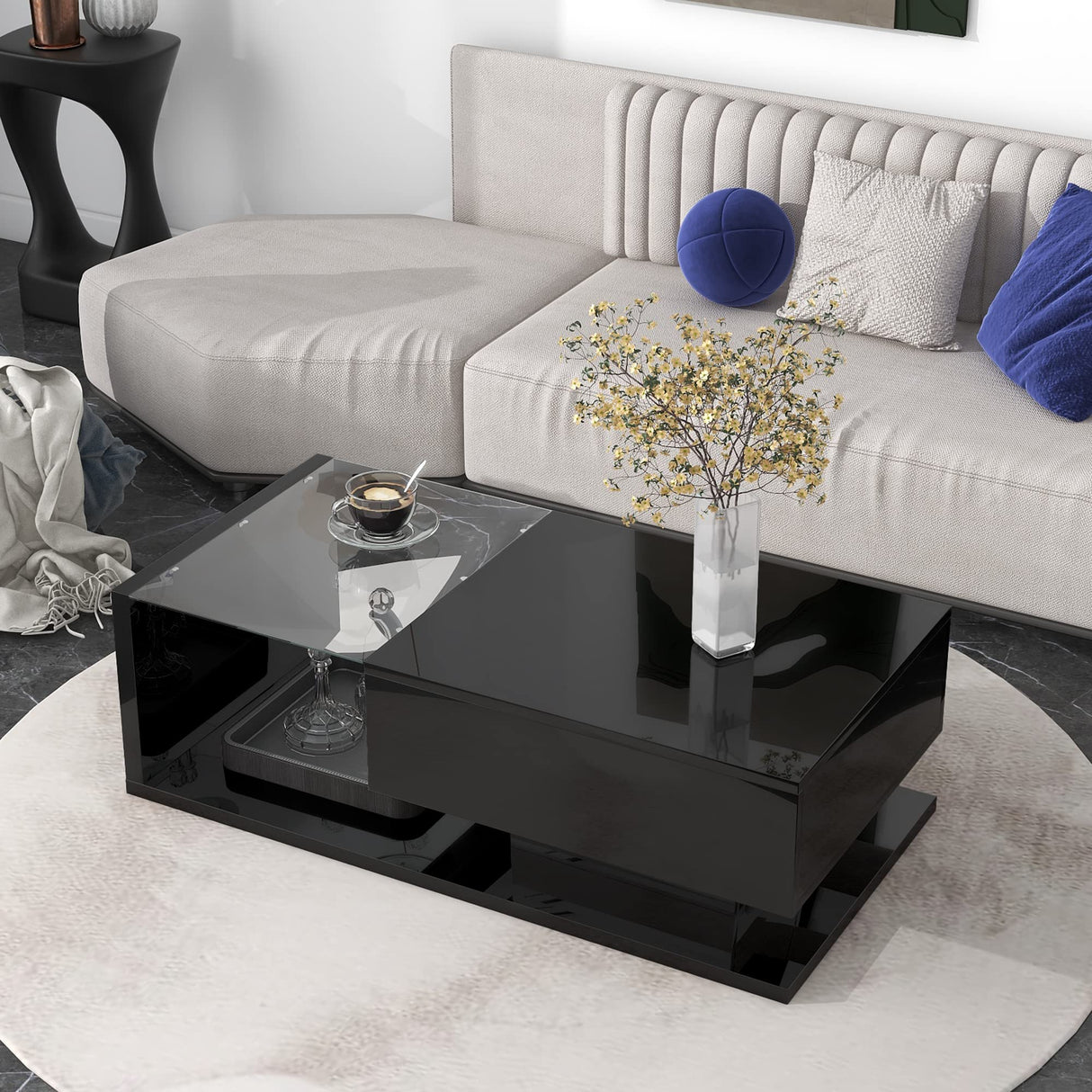 Coffee Table, 2-Tier Rectangular Coffee Table with Tempered Glass, Modern Cocktail Table