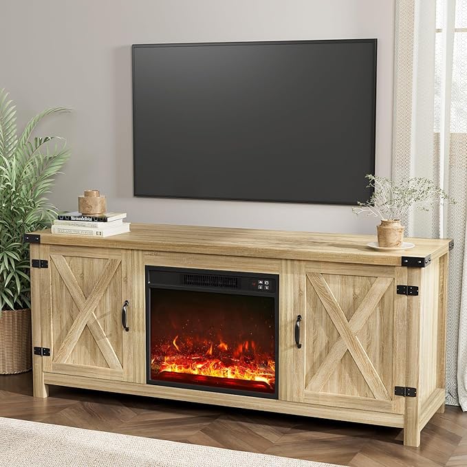 Fireplace TV Stand with Two Barn Doors and Storage Cabinets for Televisions up to 65