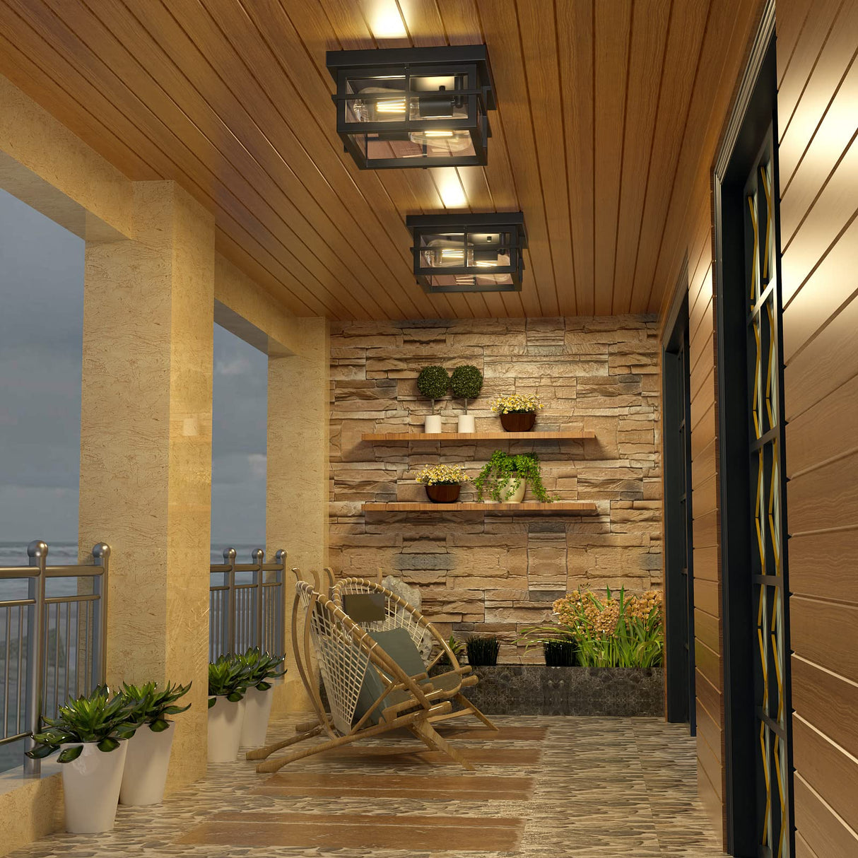 Outdoor Ceiling Light Fixtures, 2-Light Black Flush Mount Light Fixtures with Clear Glass S