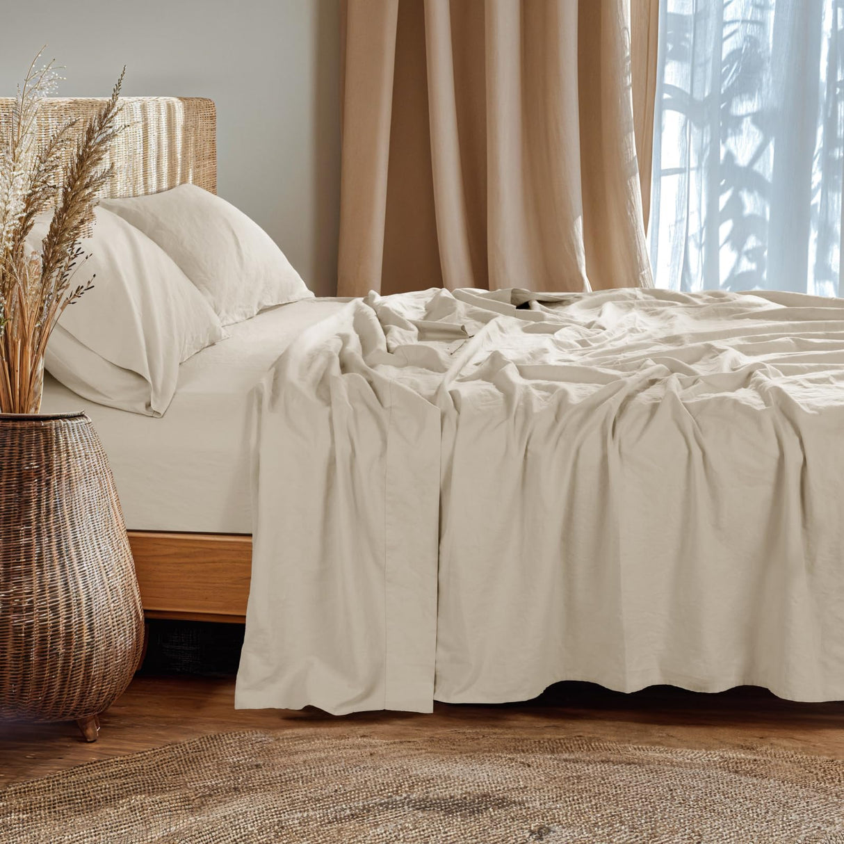 Linen Sheet French Flax Sheet Cotton Linen Blend Sheets Deep Pocket 16 Inch, 4 Pcs Bedding Sheet King Sheet Set,