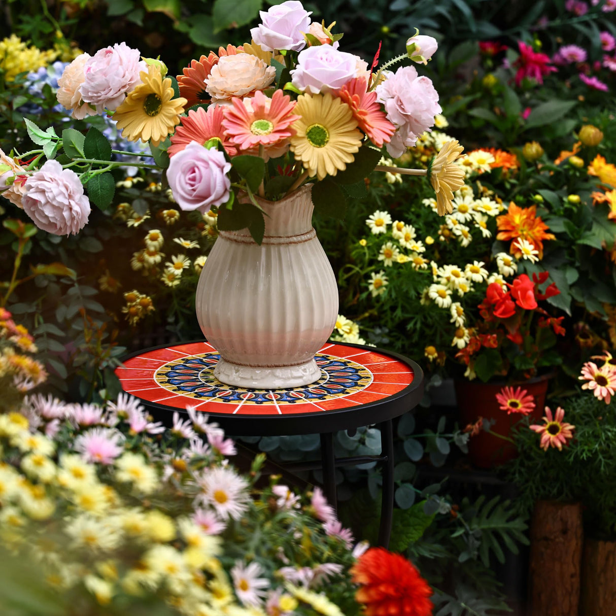 Outdoor Side Table Mosaic Patio Table, 21” Accent Table Round End Table