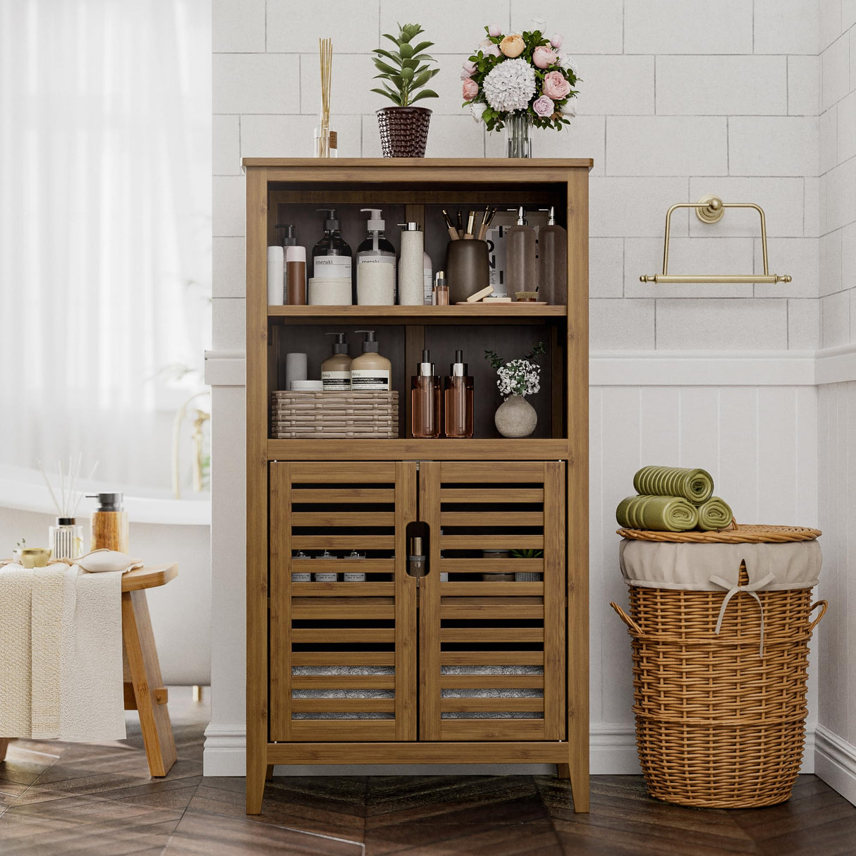 Walnut Bathroom Floor Cabinet, Bamboo Side Tall Storage Organizer