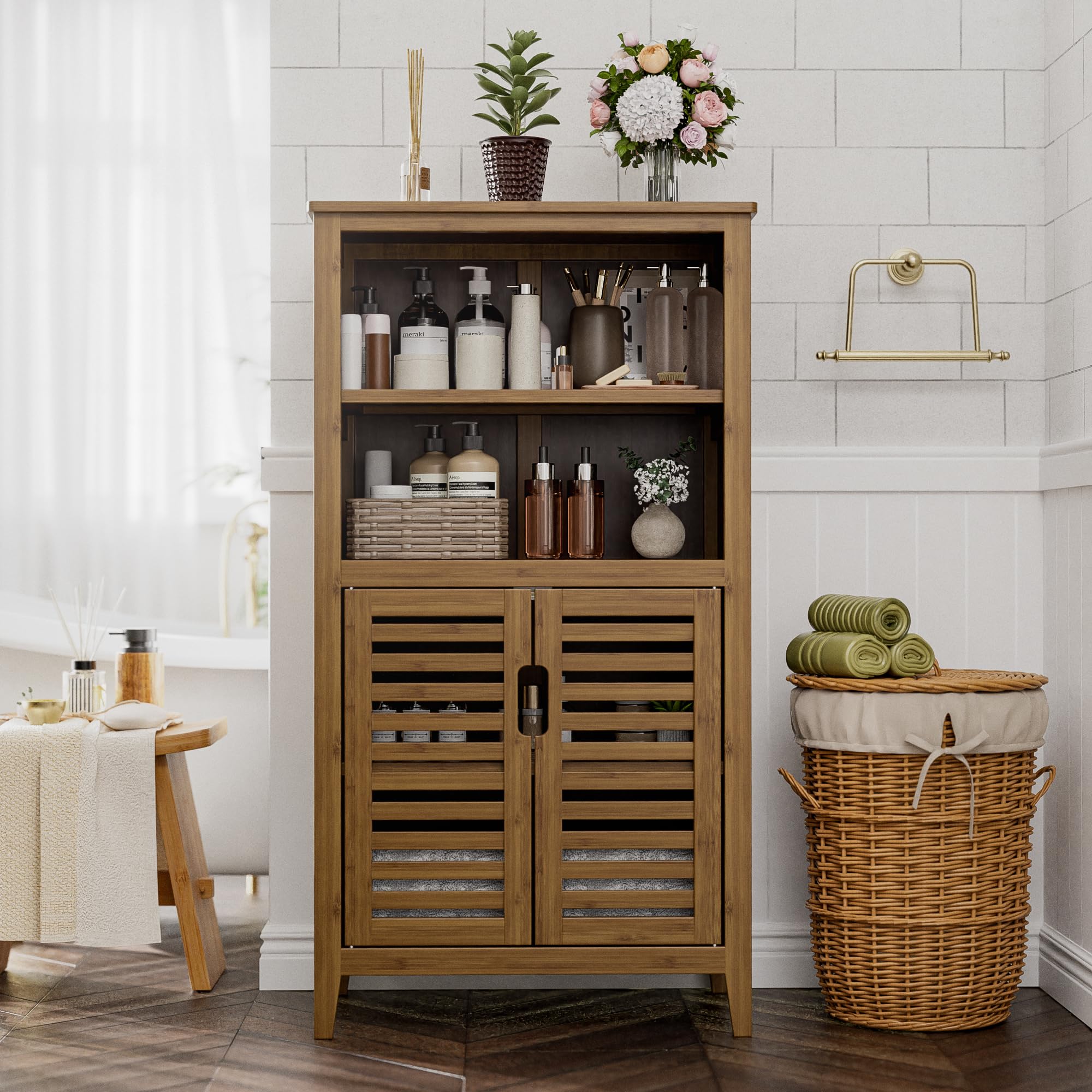 Walnut Bathroom Floor Cabinet, Bamboo Side Tall Storage Organizer