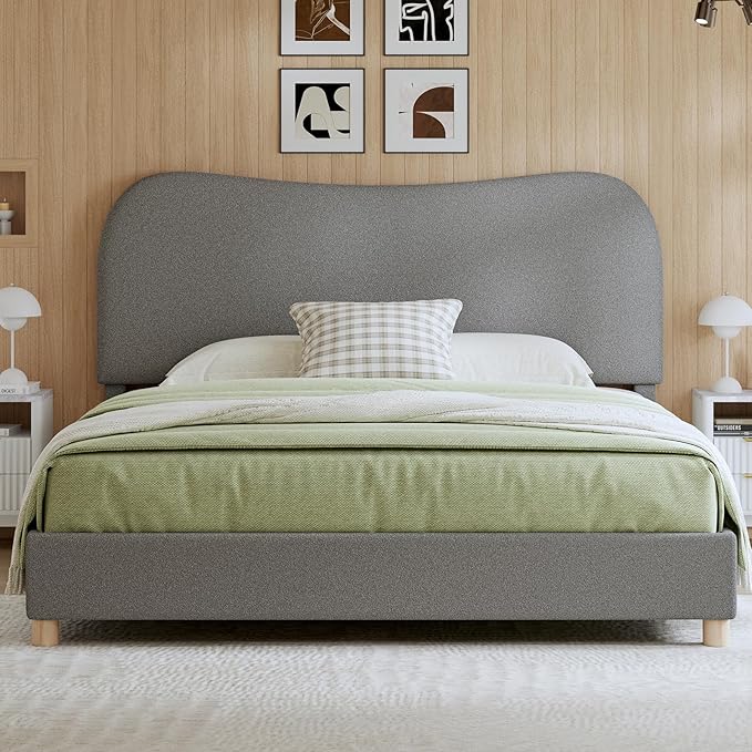 Full Size Boucle Bed Frames, Upholstered Platform Bed