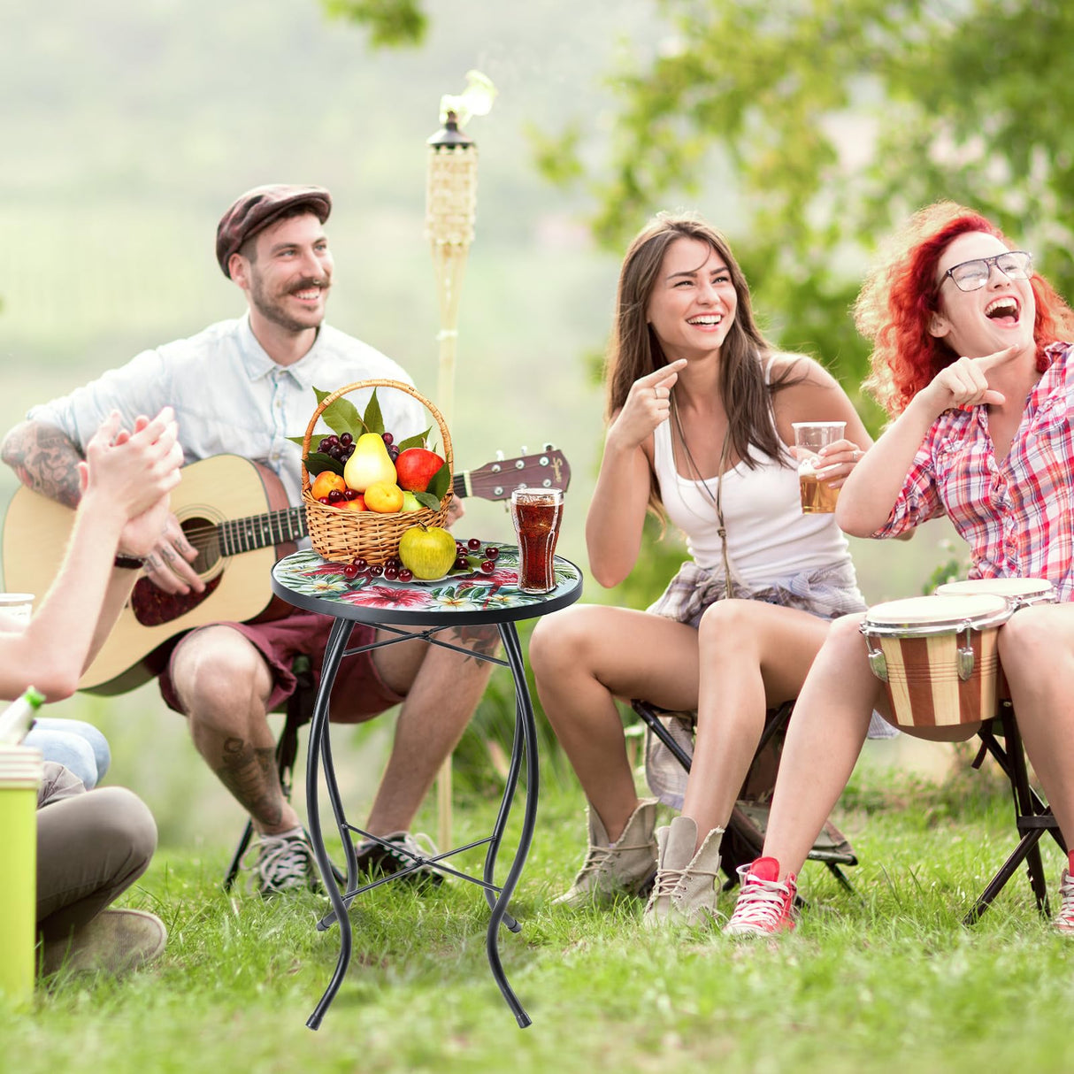 VCUTEKA Patio Side Table Outdoor Accent Table Small Mosaic Table Coffee Table End Table Porch Table Indoor Outdoor Round Glass Balcony Bistro Plant Stands Three Flamingos 14 inches - Bircata