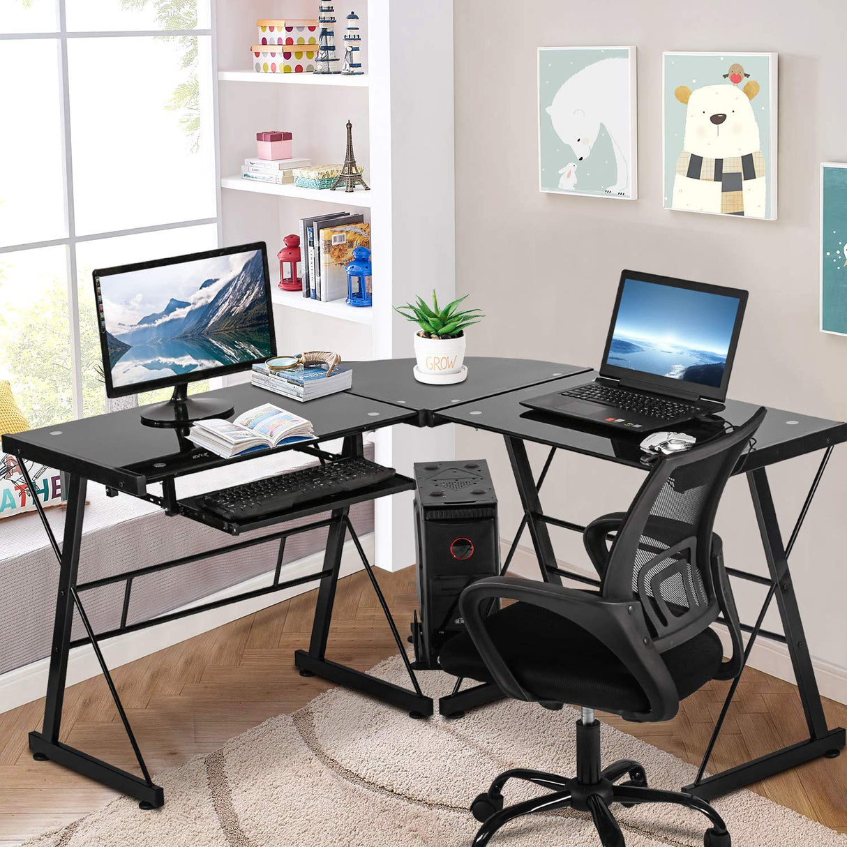 Computer Desk L Shaped Desk, 51" Tempered Glass Gaming Desk Corner Desk for Small
