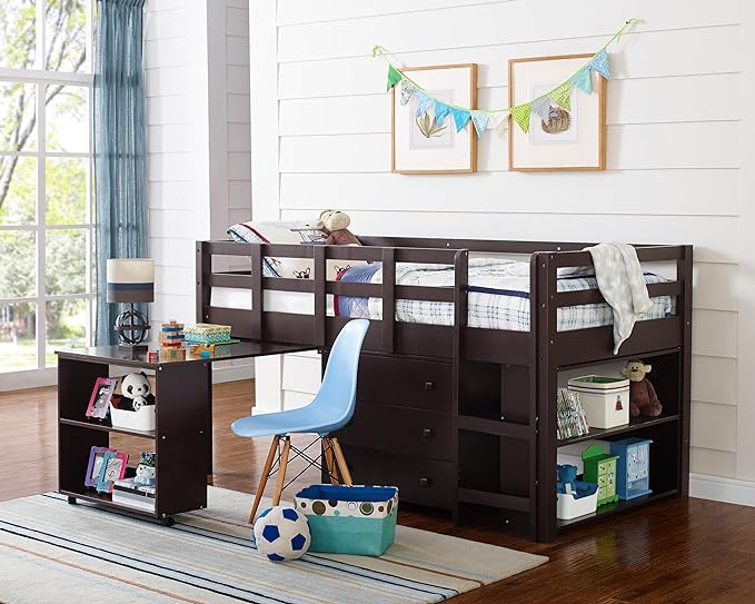 Twin Size Loft Bed with Desk Low Study Kids Twin Loft Bed