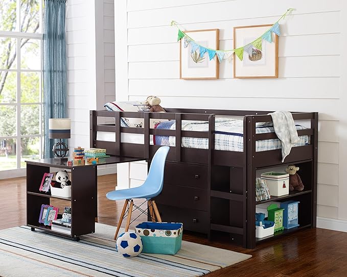 Naomi Twin Size Loft Bed with Storage, Desk, Cabinet Ladder, Low Study Pine Wood for