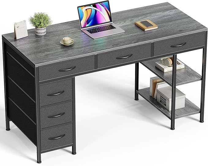 Computer Desk with 6 Drawers, 54 Inch Office Desk with Shelves, Reversible Gaming Desk