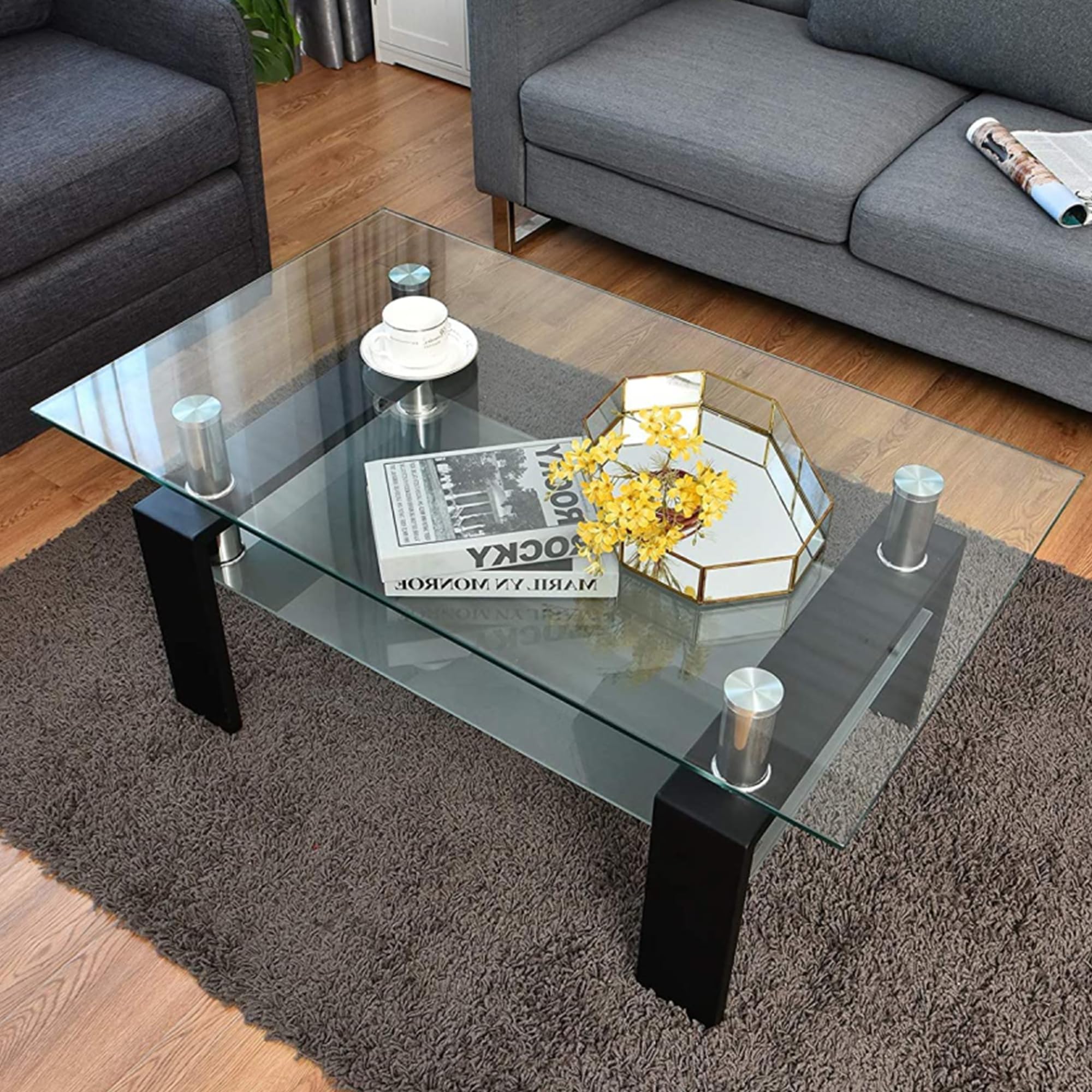 Glass Coffee Table, Rectangular Coffee Table with Metal Legs &Storage Shelf