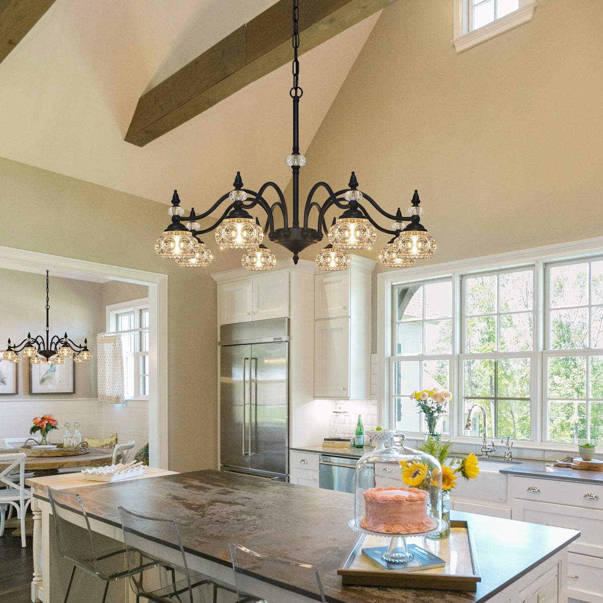 8-Light Chandeliers Light Fixture Modern Black Crystal Glass Shade Pendant Lighting