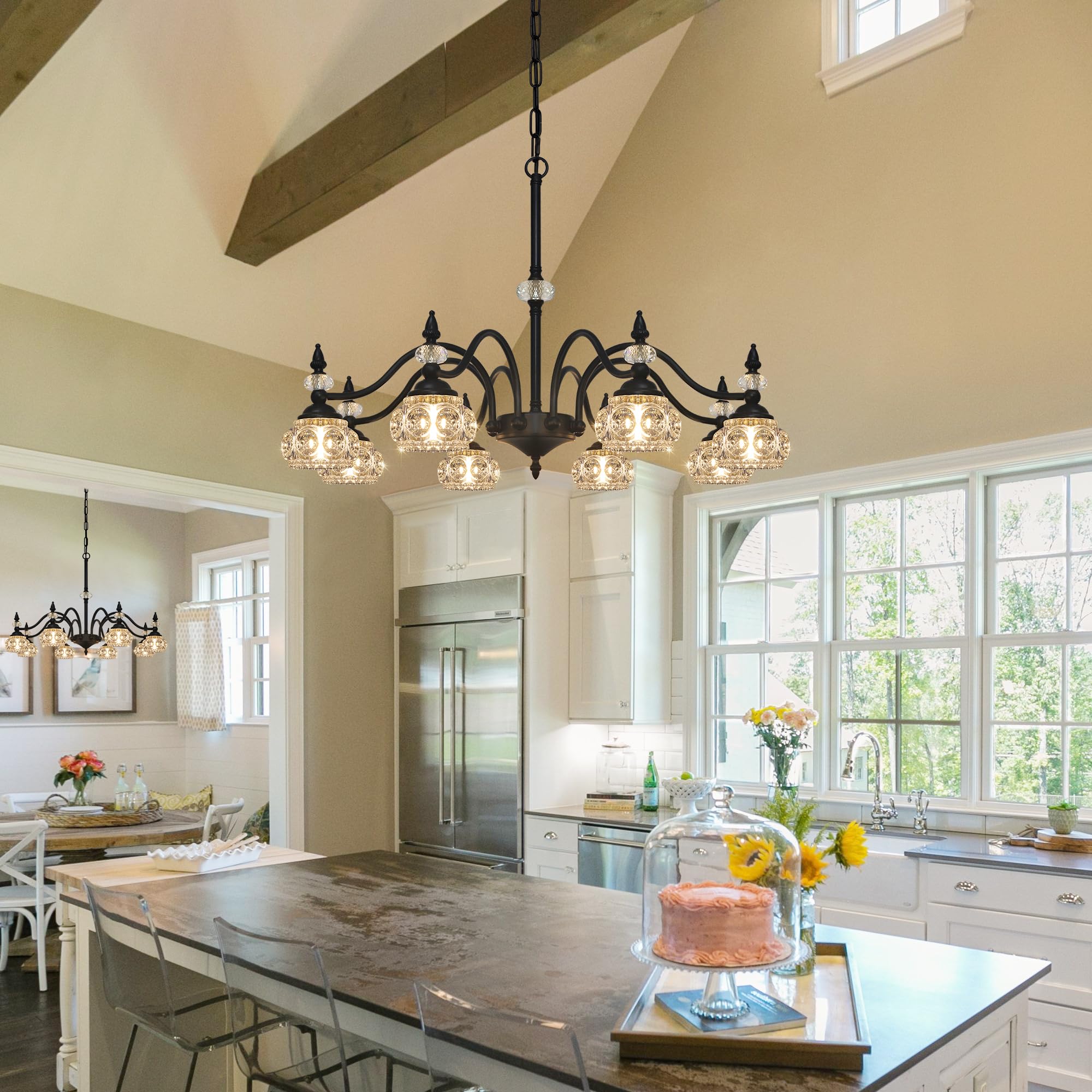 8-Light Chandeliers Light Fixture Modern Black Crystal Glass Shade Pendant Lighting