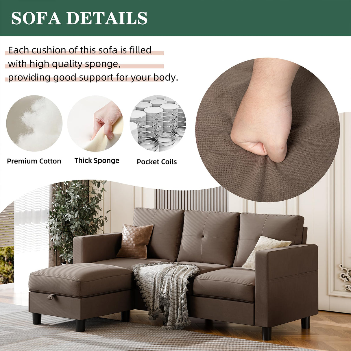 JY QAQA Convertible Sectional Sofa Couch with 3-Seat Sofa, L-Shaped Ottoman Couch with Modern Linen Fabric for Small Living Room, Apartment and Small Space(Brown