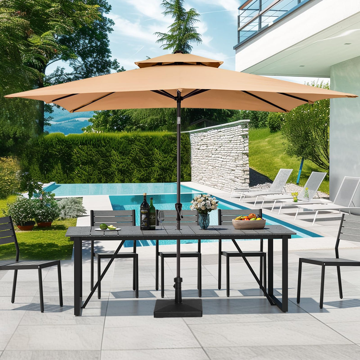 Patio Table with Umbrella Hole 83" Rectangle Indoor Outdoor Dining Table for 6-8 All Weather