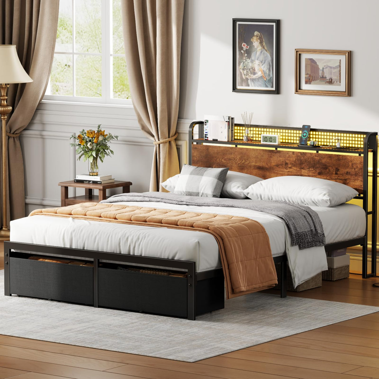 Queen Bed Frame with Storage Drawers and LED Lights