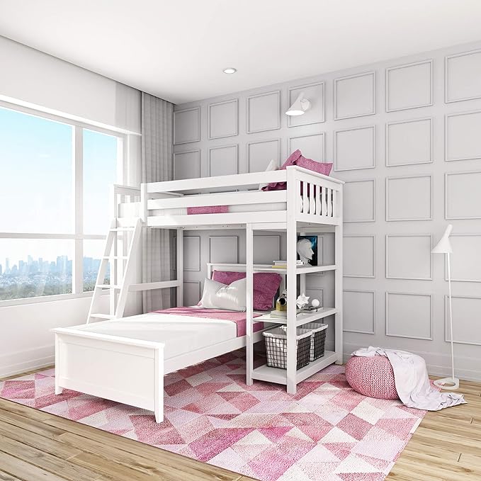 L Shape Twin over Full Bunk Bed with Bookcase