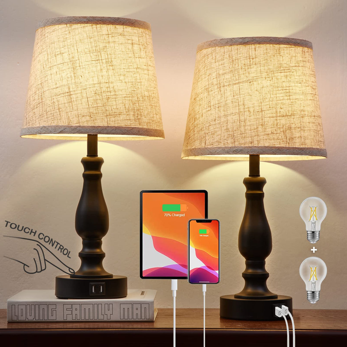 Table Lamps Set of 2, Bedside Nightstand Lamps with USB Charging Ports