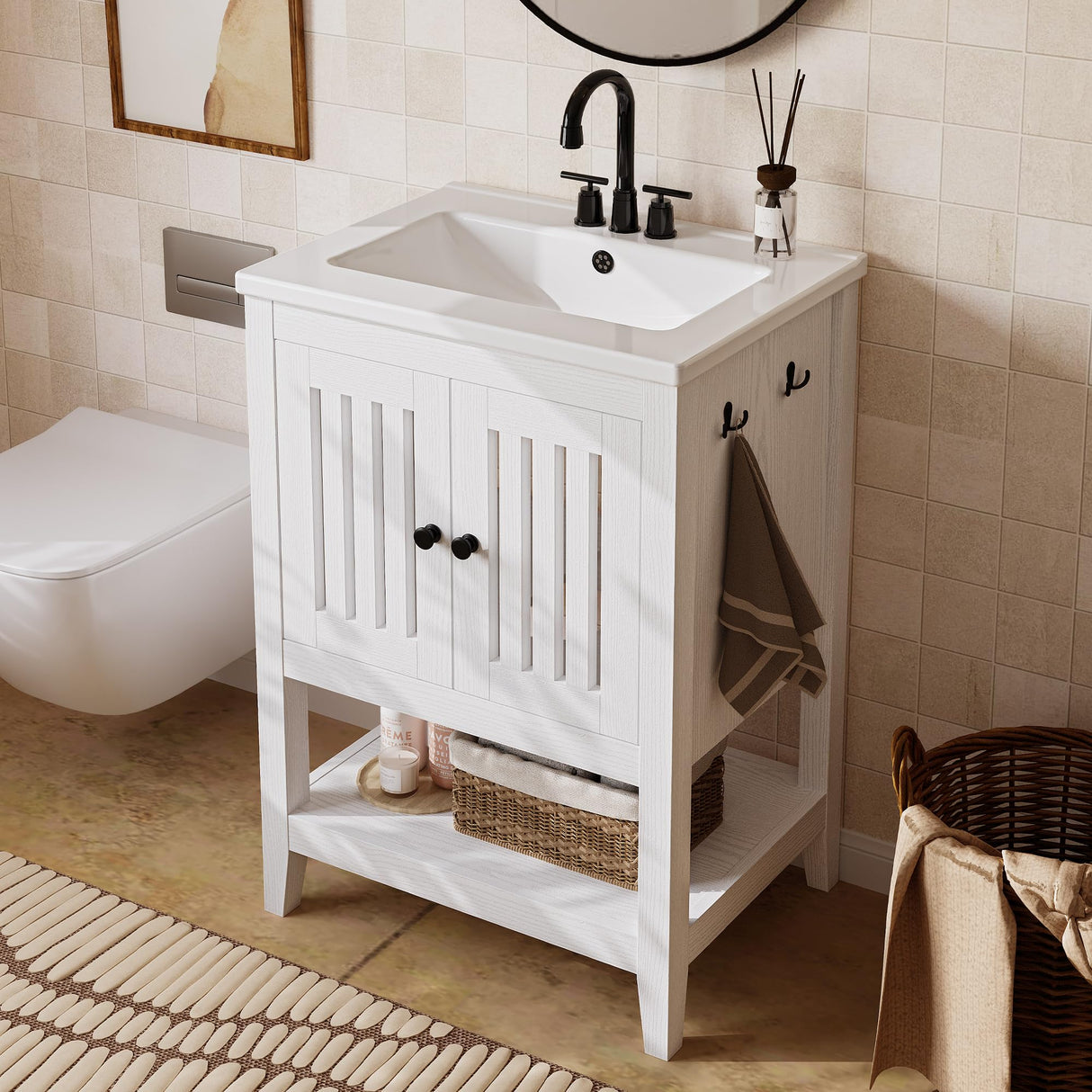 24 Inch Small Bathroom Vanity with Ceramic Sink Compact All-in-One Design & Soft-Close Hinge