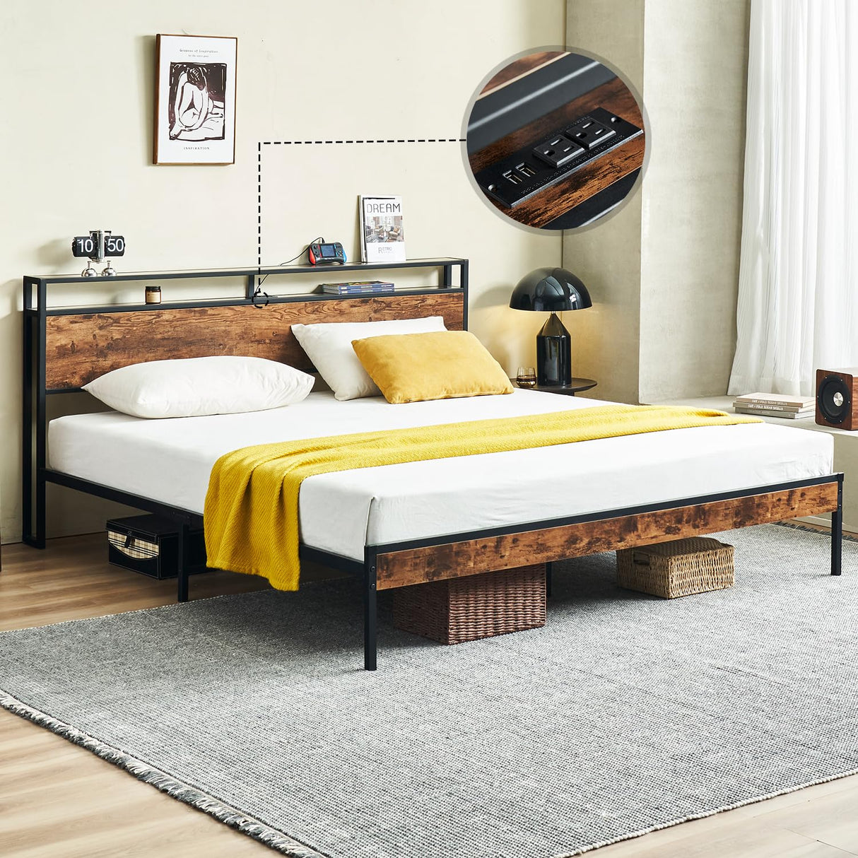 King Size Bed Frame with Charging Station, Platform Bed Frame