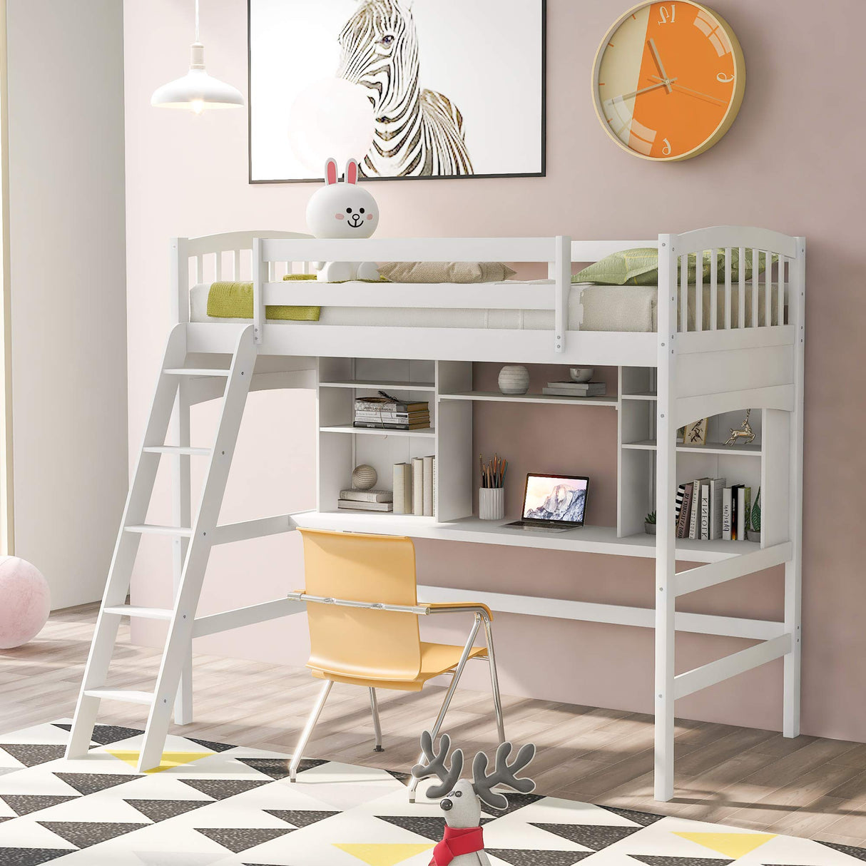 Storage Shelves, Wood Twin Loft Bed Frame with Guardrails and Angled Ladder for Kids