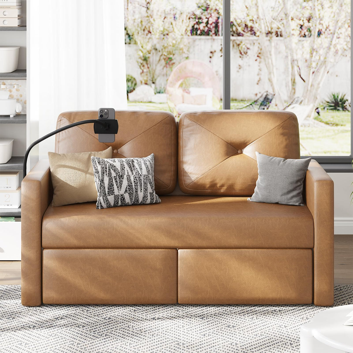 Brown Leather Couch with Storage, Modern Comfy Loveseat Sofa