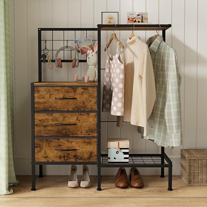 Small Dresser with Hanging Rack, Kids Dresser with 3 Drawers&4 Hooks for Grid Panel,