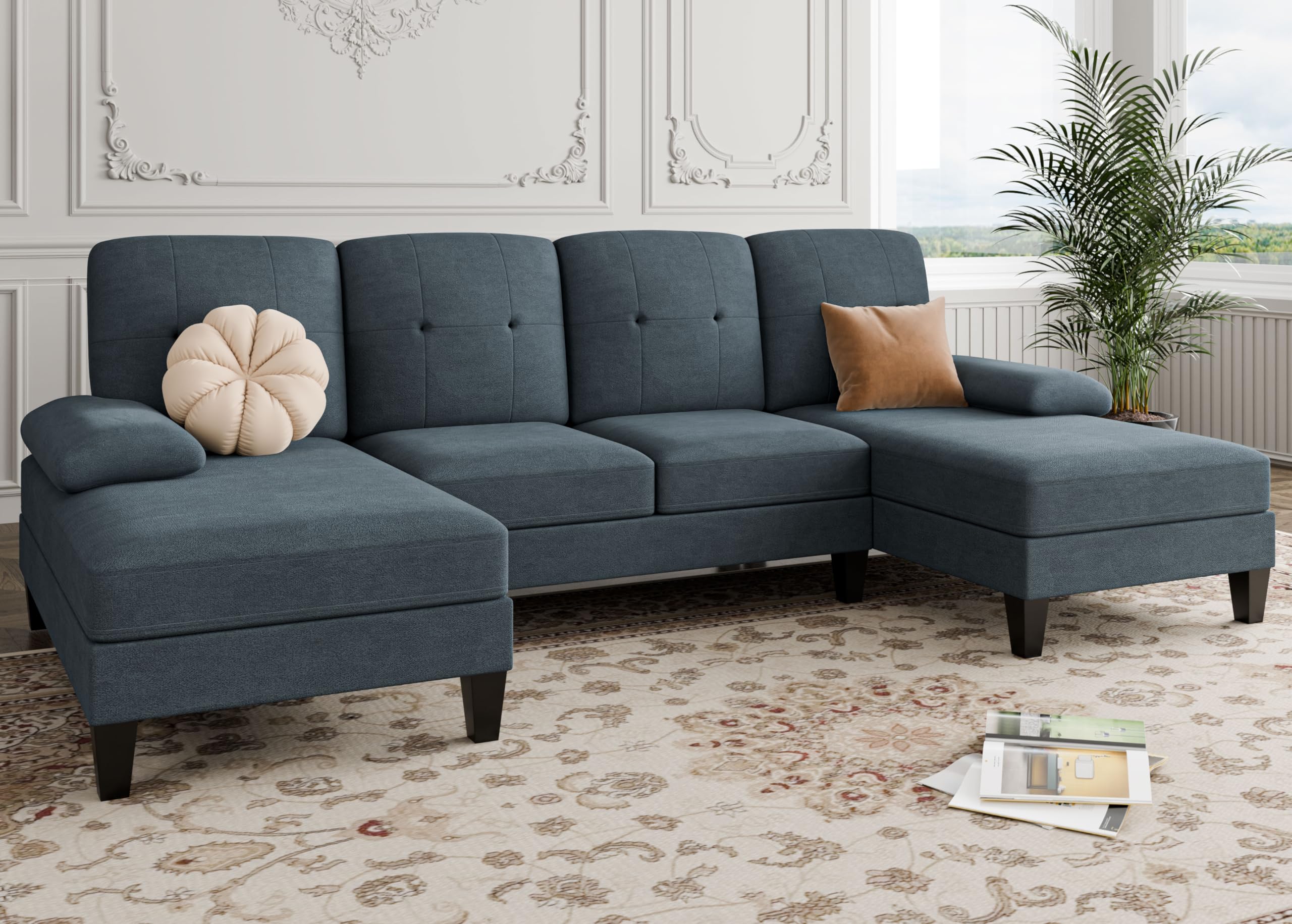 Sectional Sofa Couch, U-Shaped Sofa Couch with Double Chaise, 4-Seat Sleeper Sofa