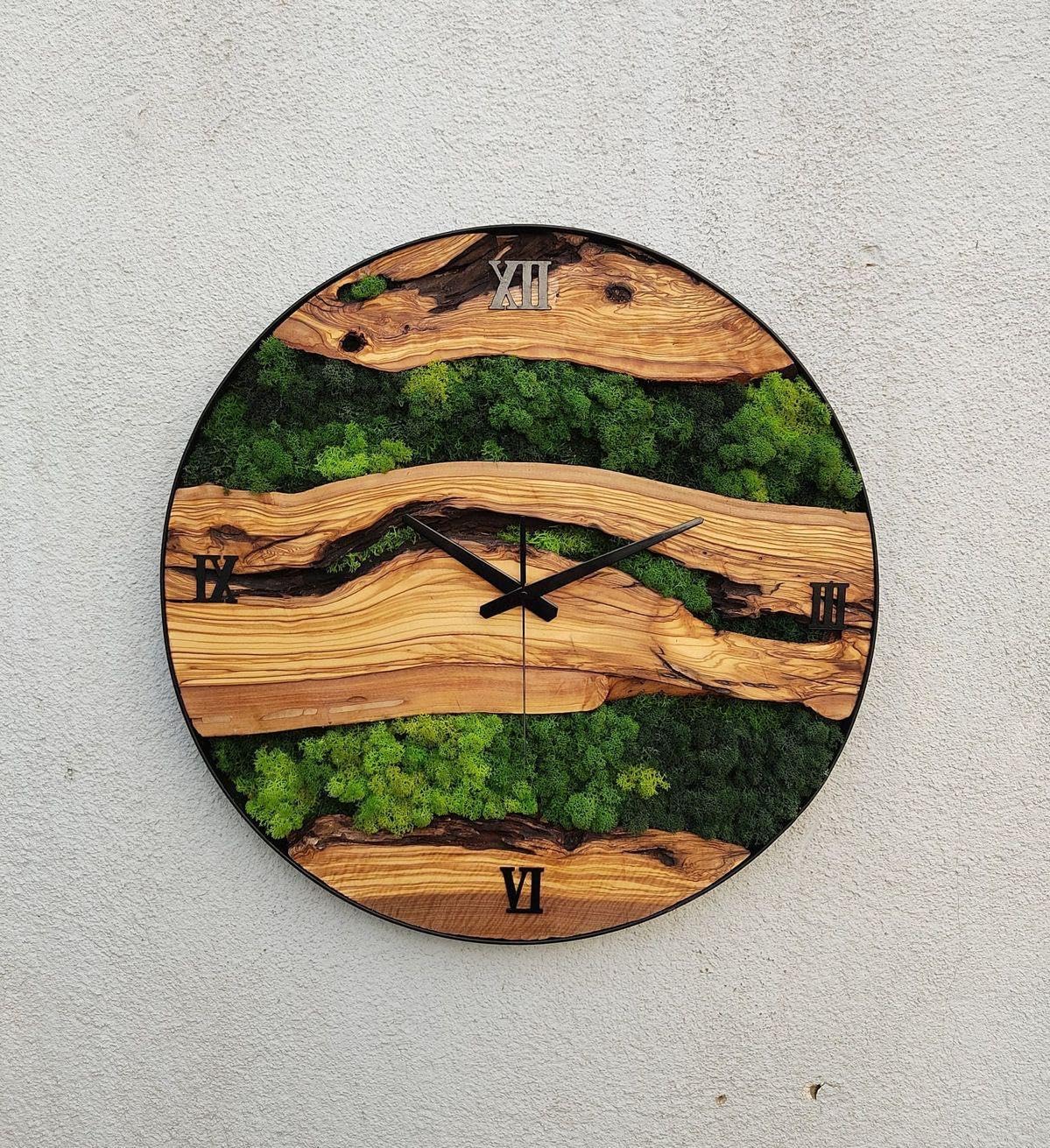 Olive Wood Wall Clock with Steel Frame, Living Room Kitchen Wall Decor