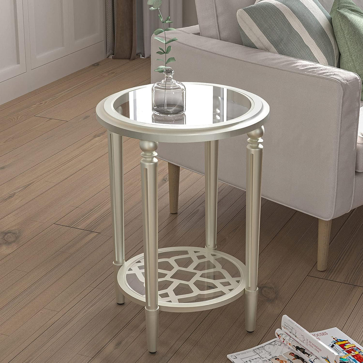 Modern Round End Table, 2-Tier Champagne Side Table with Tempered Glass Tabletop