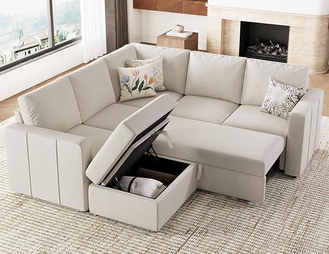 Modular Sectional Sleeper Sofa with Pull Out Couch Bed Velvet Fabric Loveseat Sleeper