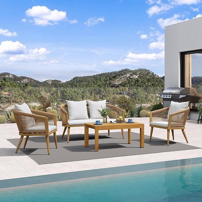 4-Piece Wicker Patio Conversation Set Aluminum Rattan Sofa Patio Furniture Set