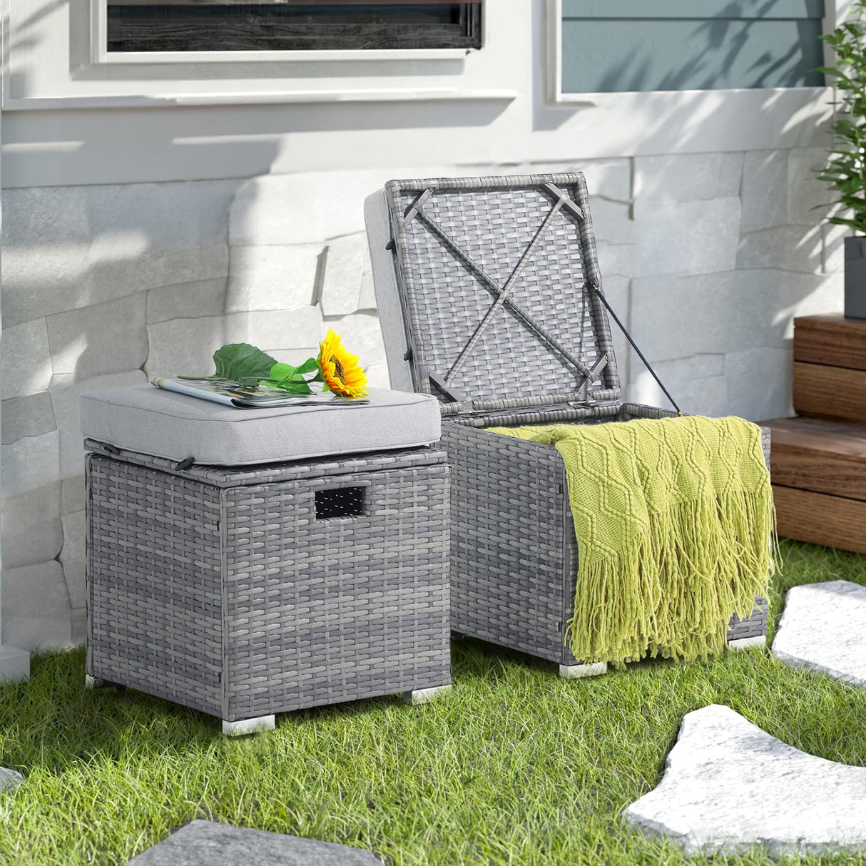 2 Piece Outdoor Patio Ottomans,All-Weather Grey PE Rattan Wicker Ottoman with Storage