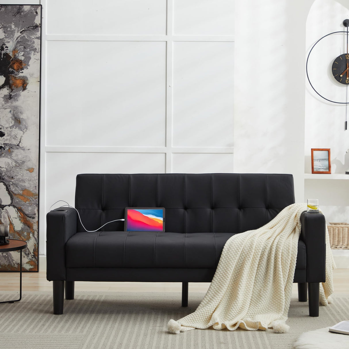 Sofa Couch 62" W Loveseat w/ 2 USB Charger Ports & 2 Cupholder