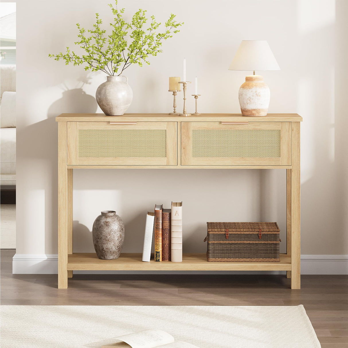 Console Table with 2 Drawers, Rattan Console Table for Entryway
