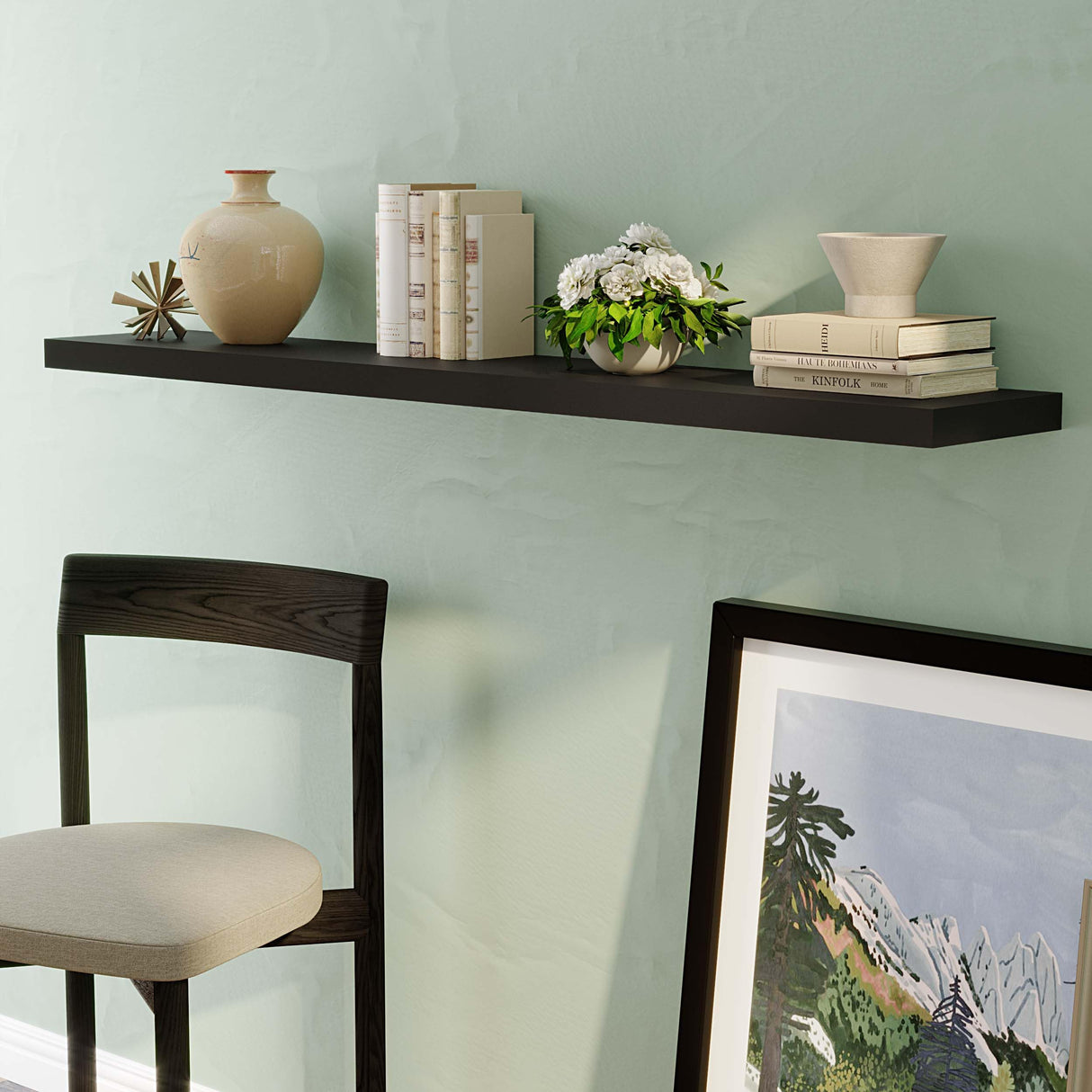 Ronda 72 inch Long Wall Floating Shelf, Black Wall Mounted Book Shelves for Kitchen