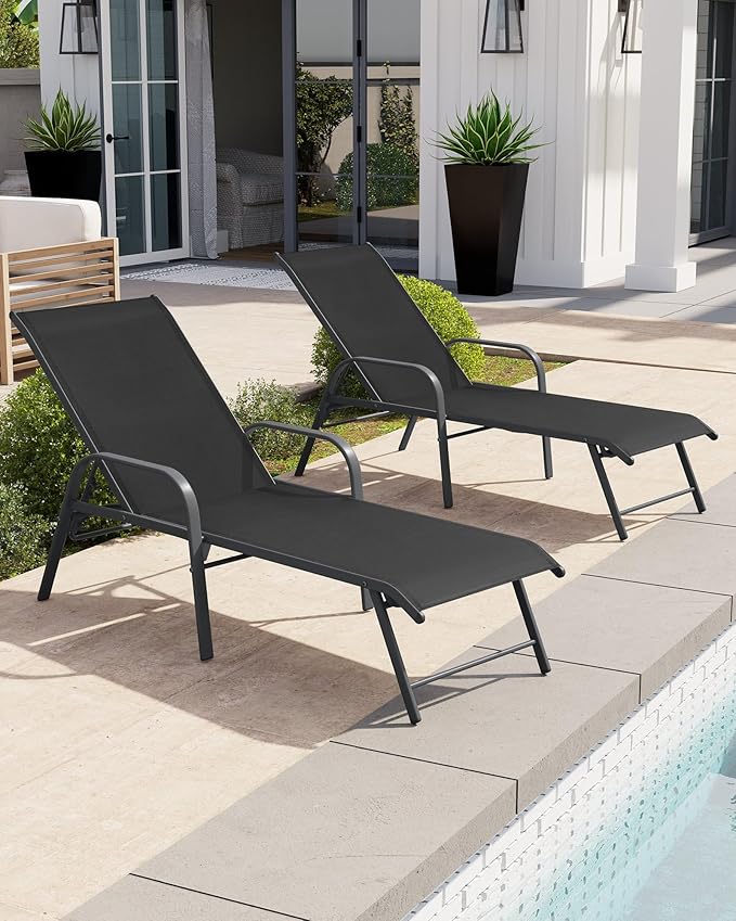 Lounge Chair Outdoor with Armrests, Pool Lounge Chairs Set of 2, Aluminum Adjustable