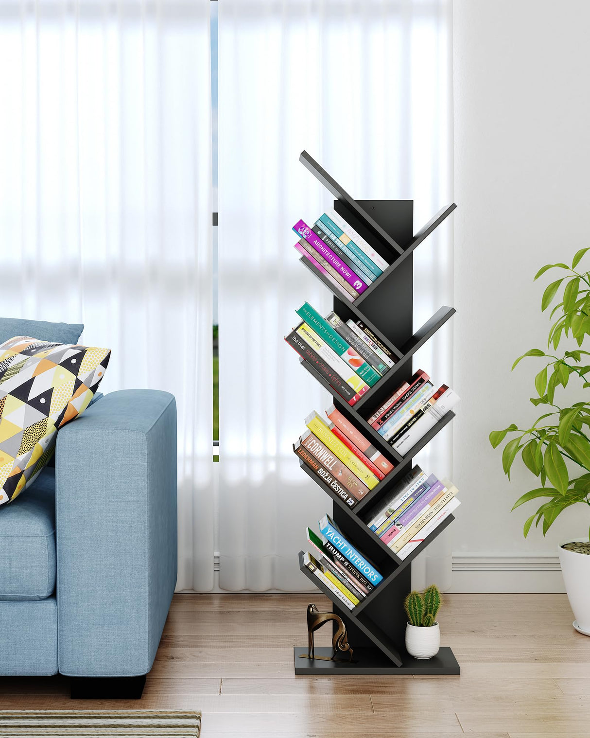 Yusong Tree Bookshelf, Floor Standing Bookcase with Steel Pipe for Living Room Bedroom, Shelves for Home Office (Black2, 9 Tier)