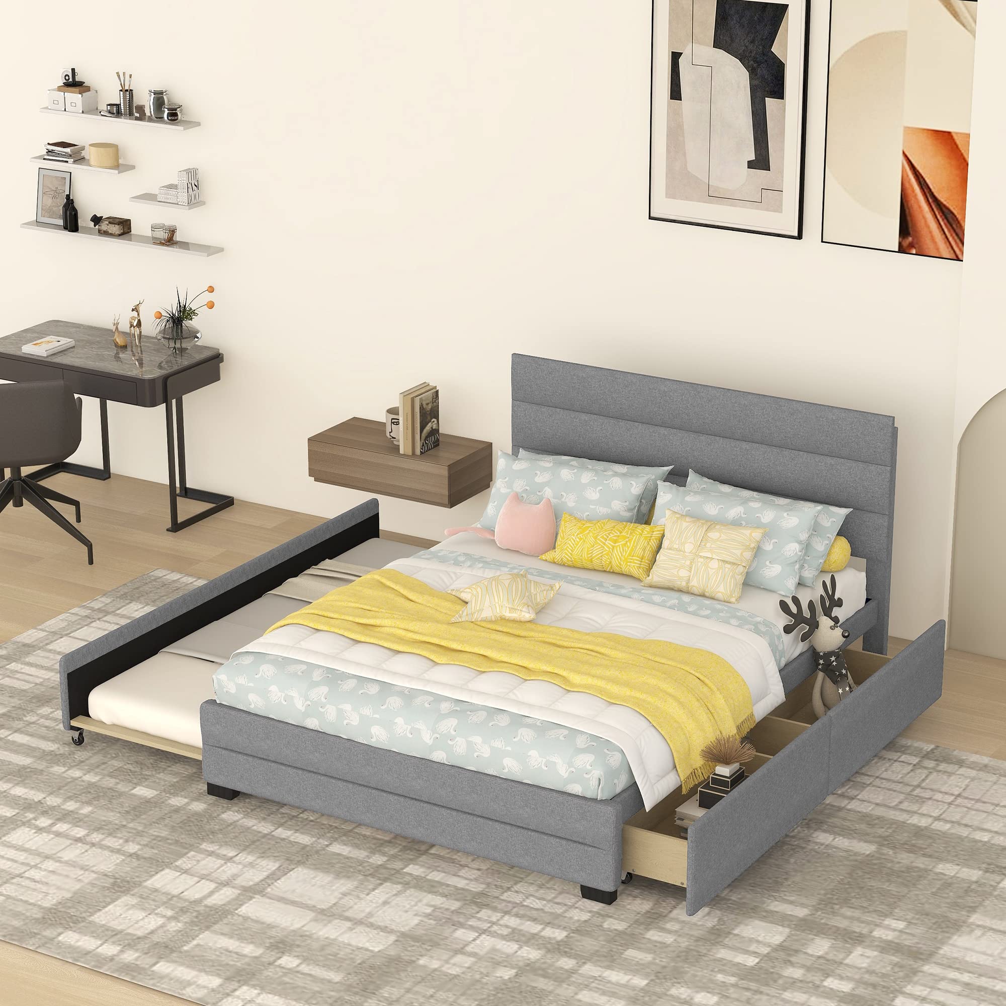 Queen Size Storage Upholstered Bed with Trundle and Drawers Modern Queen