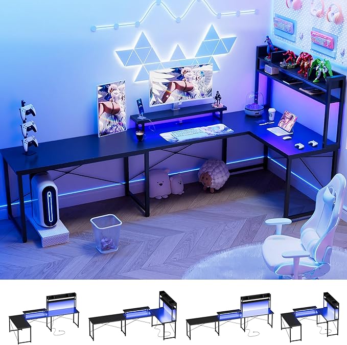 DIY U Shaped Computer Desk with Hutch, Reversible L Shaped Office Desks