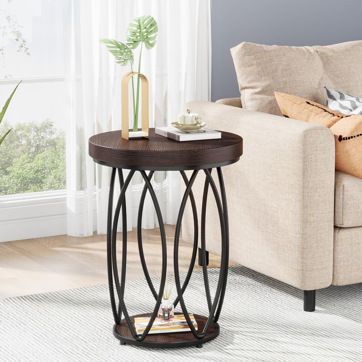Round Side Table, Small End Table with Storage Shelf